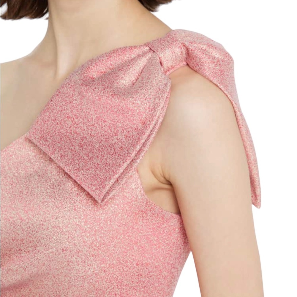 Rickie Freeman For Teri Jon Ruched One Shoulder Bow Jacquard Pink Gown Size 10 - Picture 4 of 5